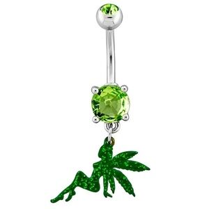 Sterling Silver Green Crystal Belly Button Ring with Green Fairy Charm